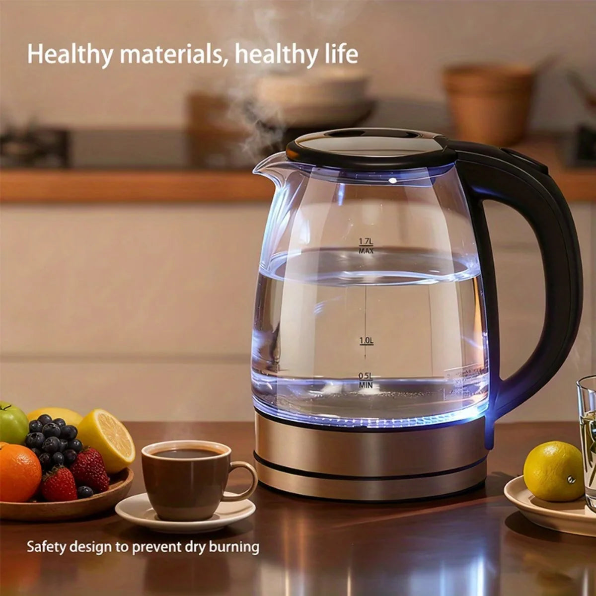 2L Glass Electric Kettle (67.6oz) – 1000W Fast Boiling with Anti-Dry Burn Tech for Kitchen & Dining