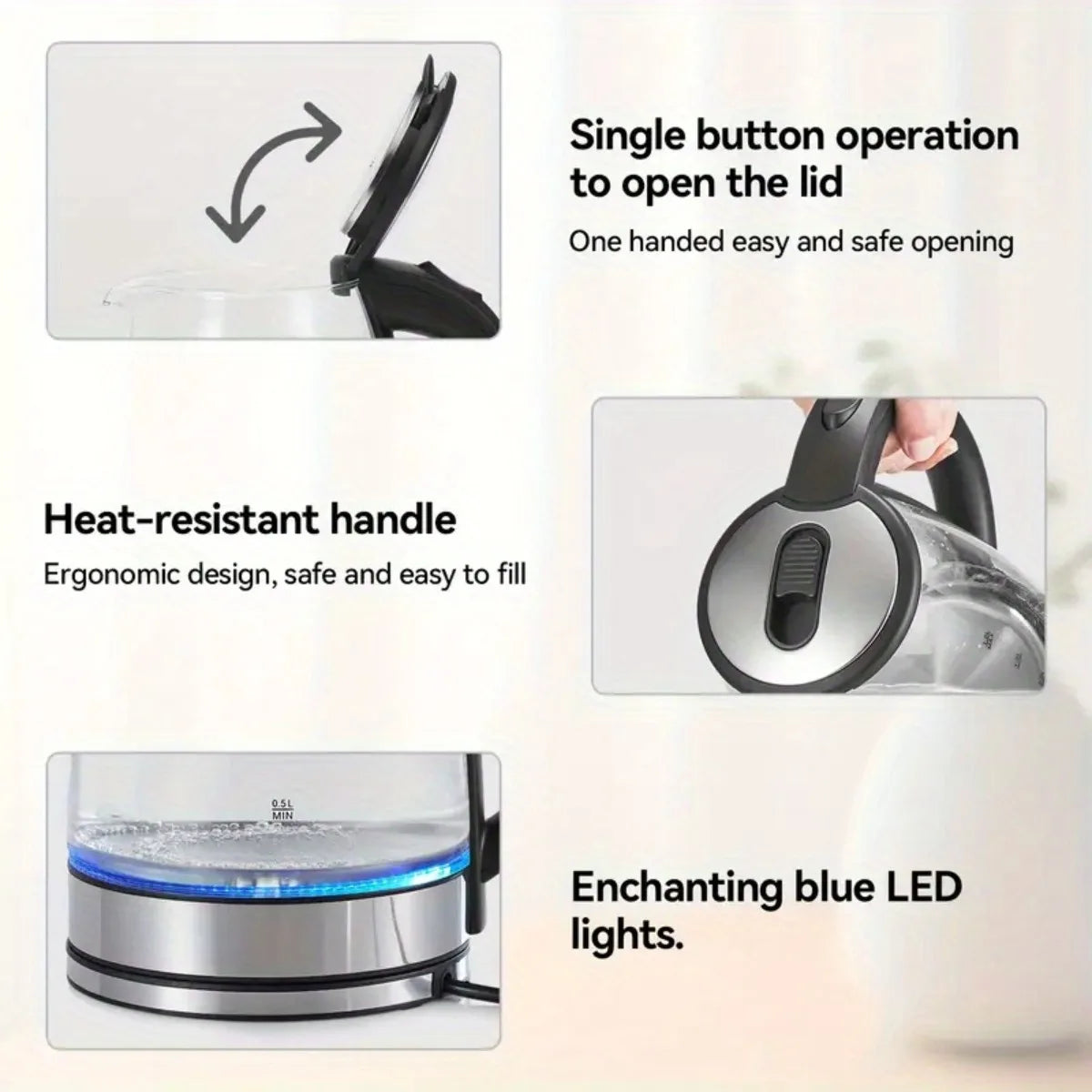 2L Glass Electric Kettle (67.6oz) – 1000W Fast Boiling with Anti-Dry Burn Tech for Kitchen & Dining